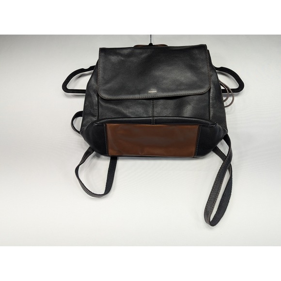 Fossil Leather Backpack Black Brown Flap Closure Adjustable Straps main image 8